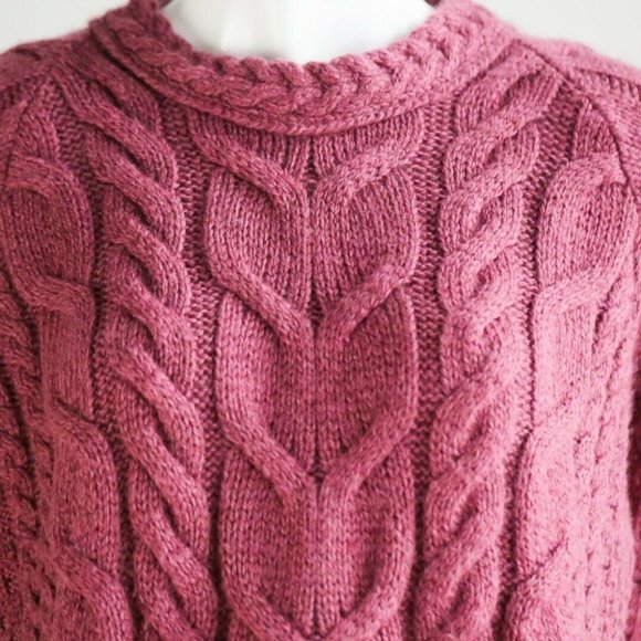 Women's Pink Cable Knit Wool Aran Sweater - Picture 4 of 6